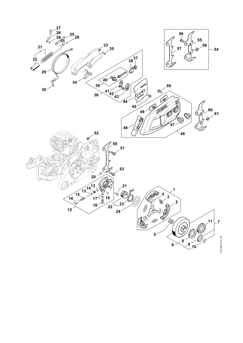 B - Embrayage, Pompe à huile, Frein de chaîne