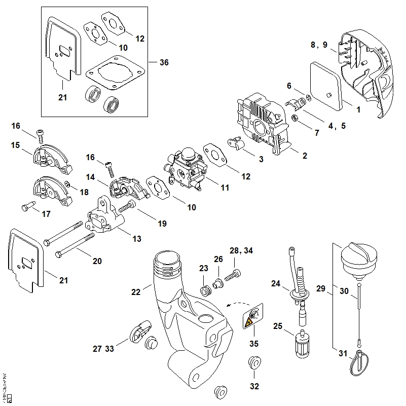 G - Filtre à air, Réservoir d'essence