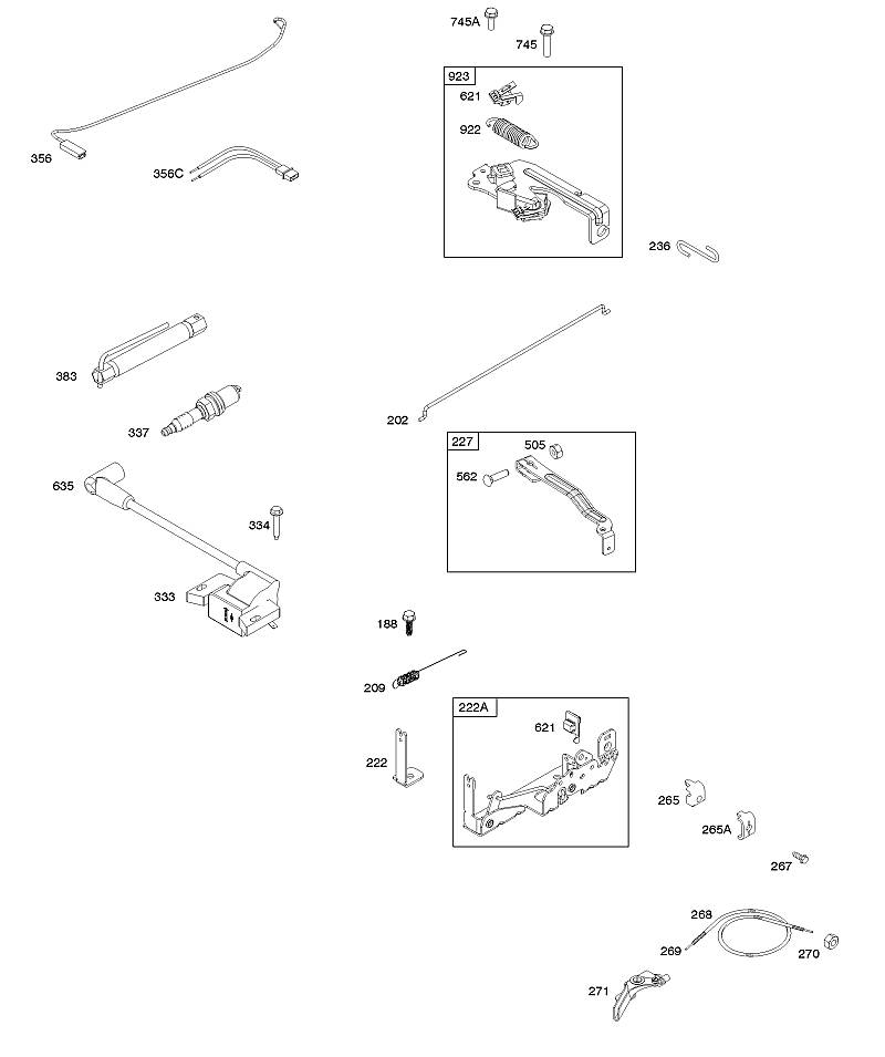 B - Armature, commandes, système électrique, ressort du régulateur, allumage, bougie d’allumage