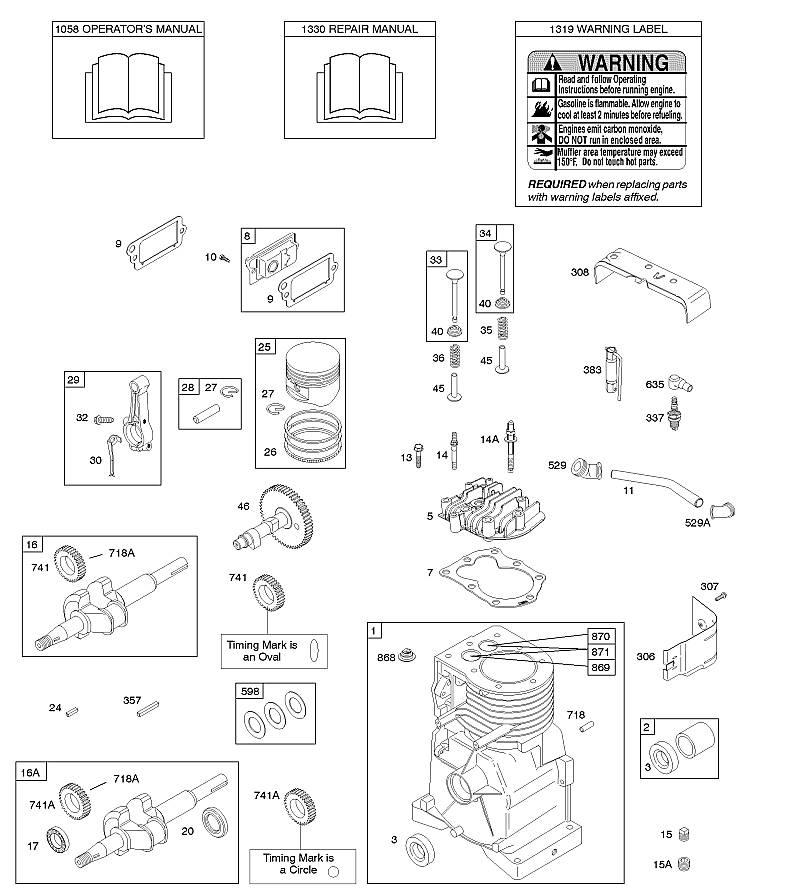 C - Arbre à cames, vilebrequin, cylindre, culasse, manuel de l'opérateur, piston/segments/bielle, étiquette d'avertissement