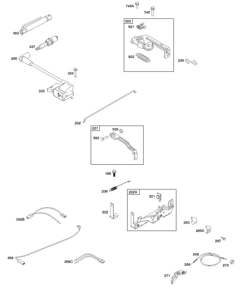 B - Armature, commandes, système électrique, ressort du régulateur, allumage, bougie d’allumage
