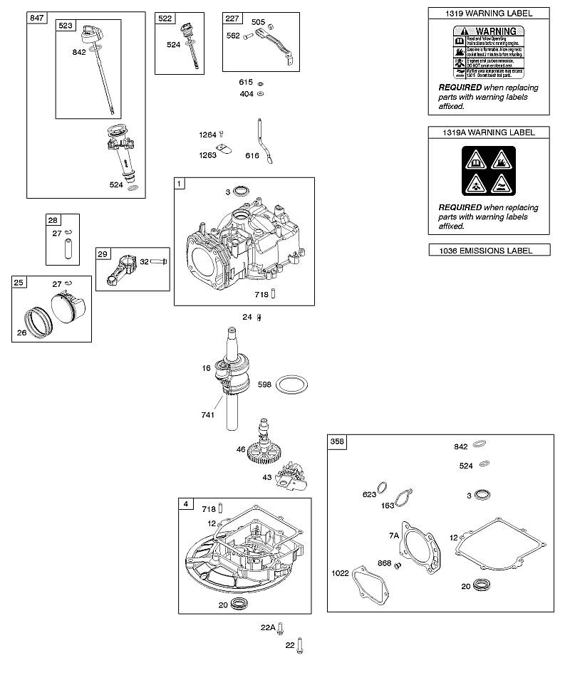 D - Arbre à cames, vilebrequin, cylindres, jeu de joints, pistons/segments de piston/bielle, carter d'huile, plaque d'avertissement