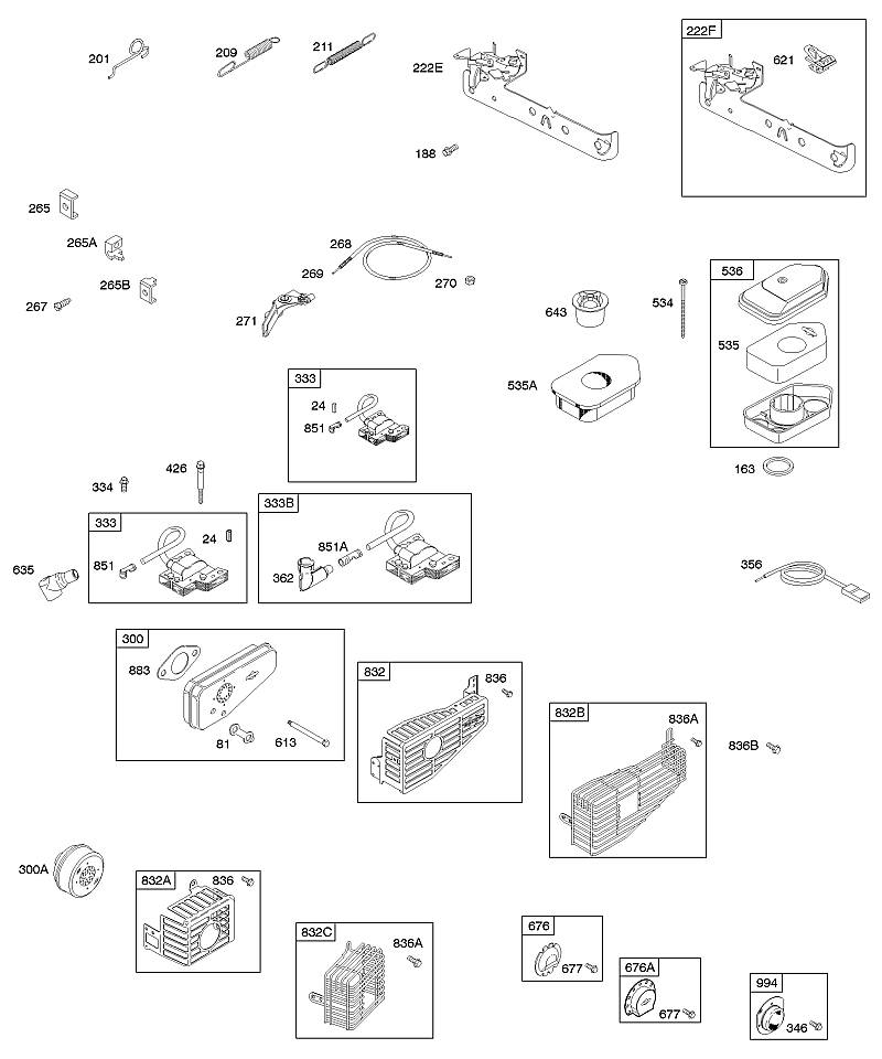 A - Filtre à air, commandes, système d'échappement, ressort du régulateur, allumage