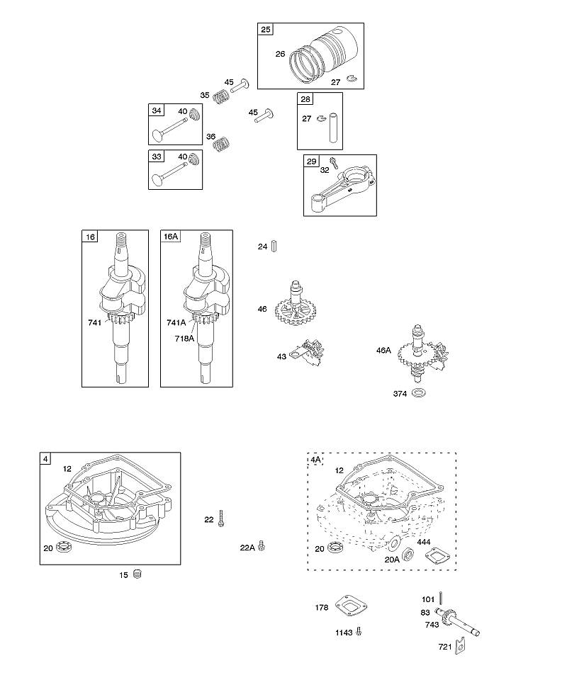 D - Arbre à cames, couvercle de carter de vilebrequin/carter d'huile, vilebrequin, piston/segments/bielle