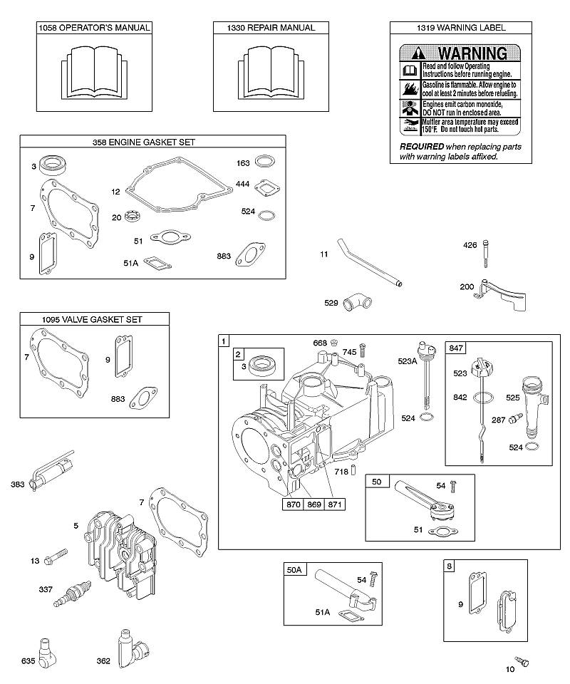 F - Cylindre, culasse, jeu de joints – moteur, jeu de joints - soupape, graissage, manuel de l'opérateur, étiquette d'avertissement