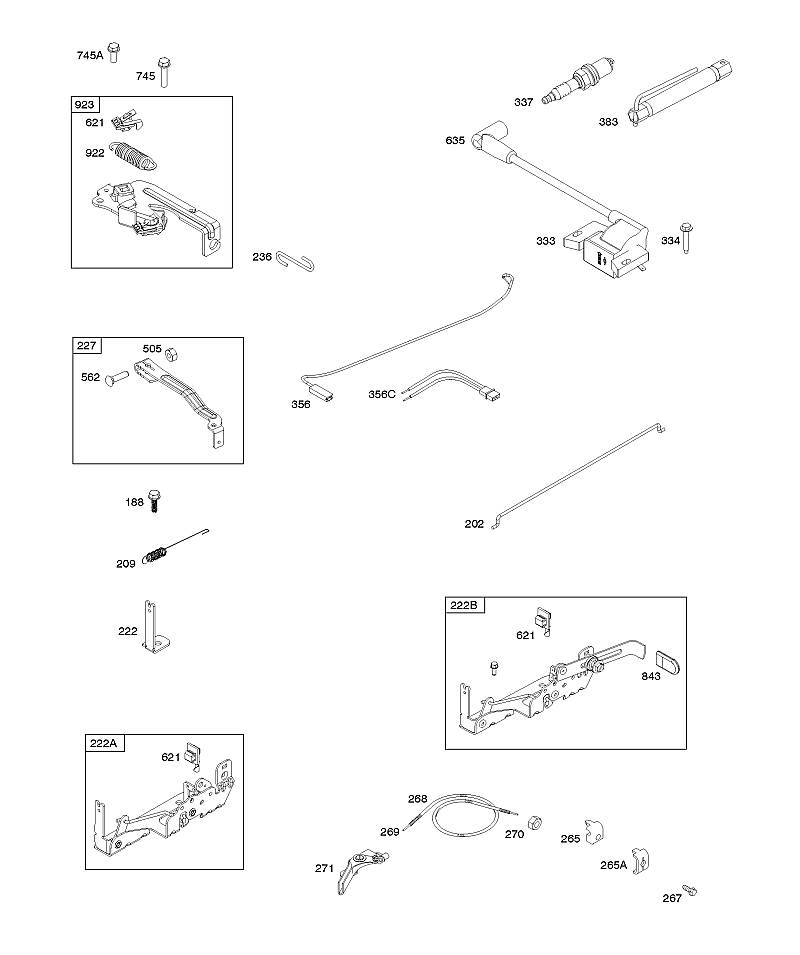 B - Armature, commandes, système électrique, ressort du régulateur, allumage, bougie d’allumage