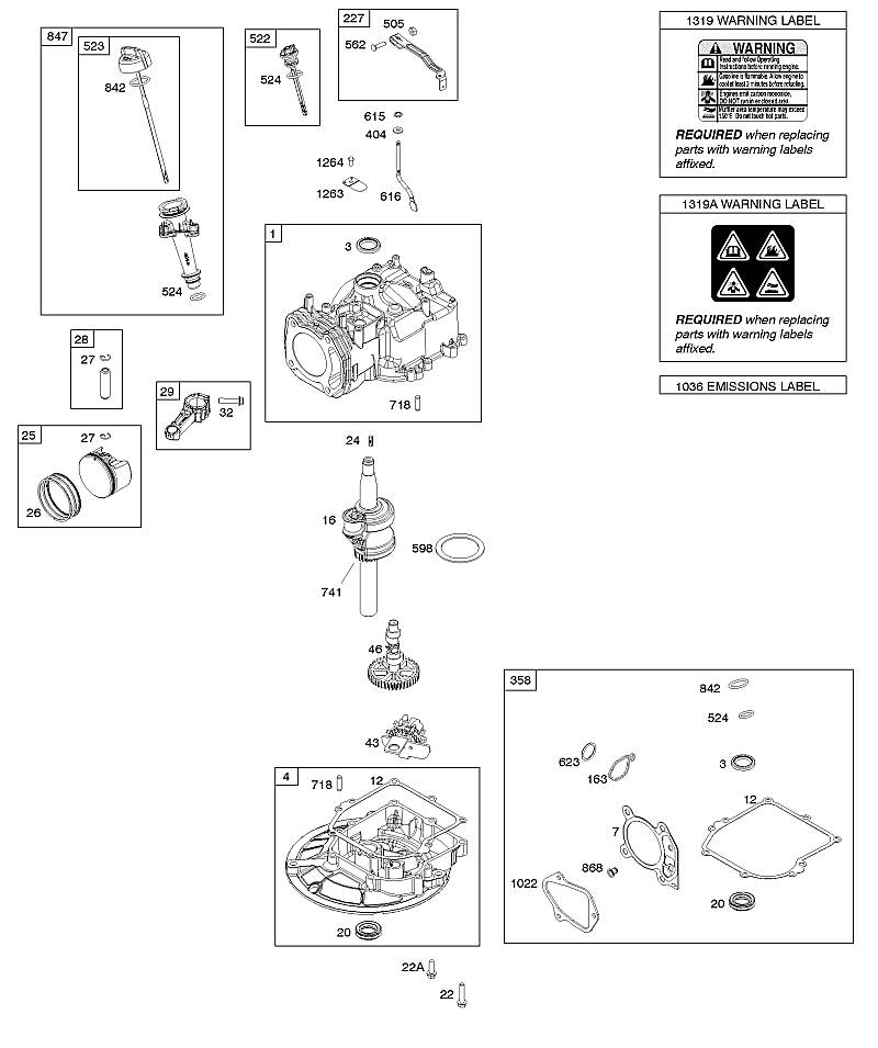 D - Arbre à cames, vilebrequin, cylindres, pistons/segments de piston/bielle, carter, plaquette d'avertissement