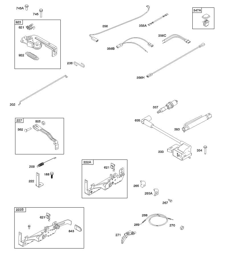 B - Armature, commandes, système électrique, ressort du régulateur, allumage, bougie d’allumage