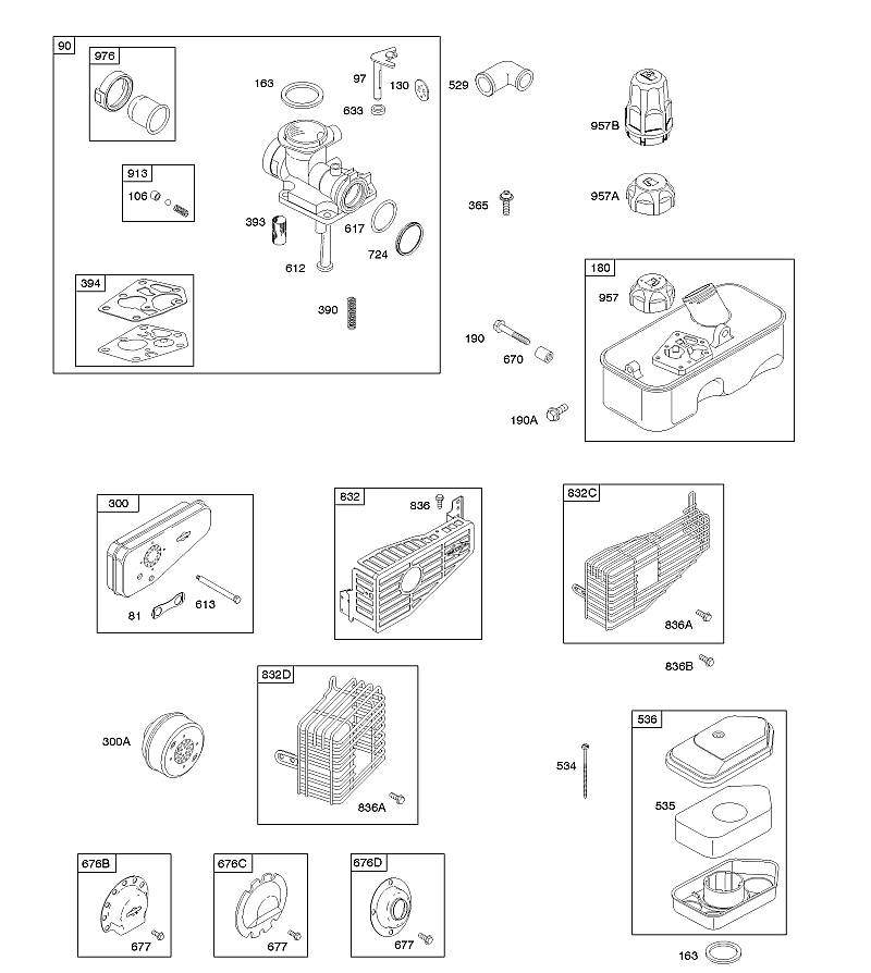 A - Filtre à air, carburateur, système d'échappement, alimentation en carburant