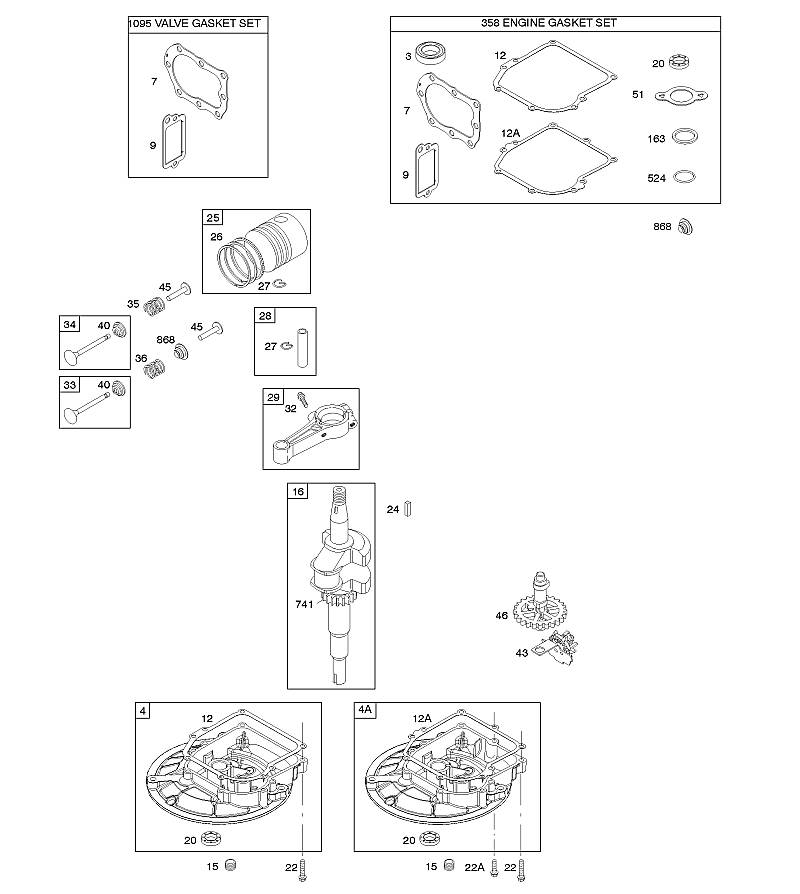 D - Arbre à cames, couvercle de carter de vilebrequin/carter d'huile, vilebrequin, jeu de joints – moteur, jeu de joints – soupape, piston/segments/bielle