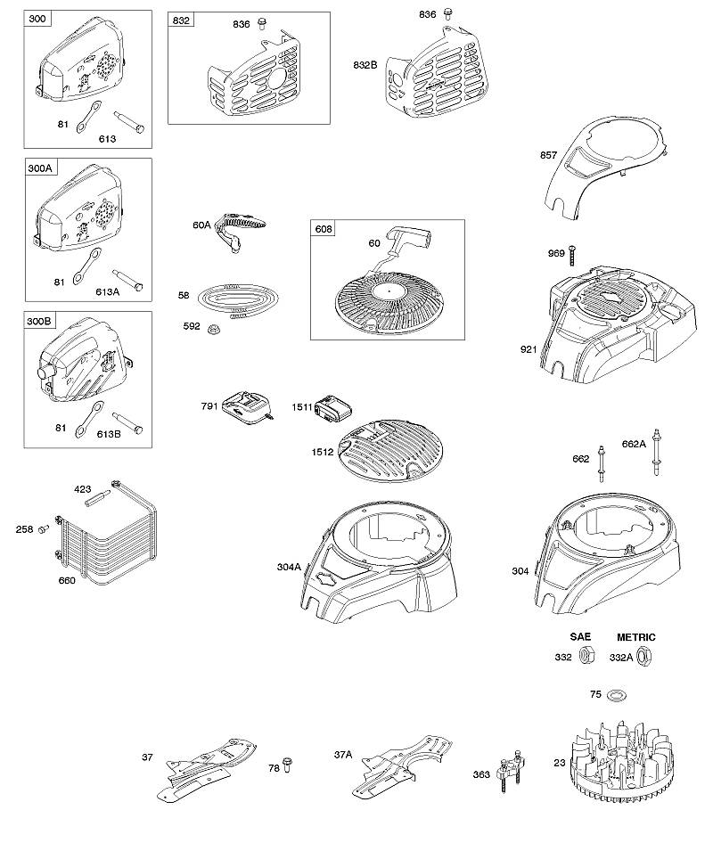 C - boîtier de ventilateur, système d'échappement, volant moteur, démarreur de câble Bowden