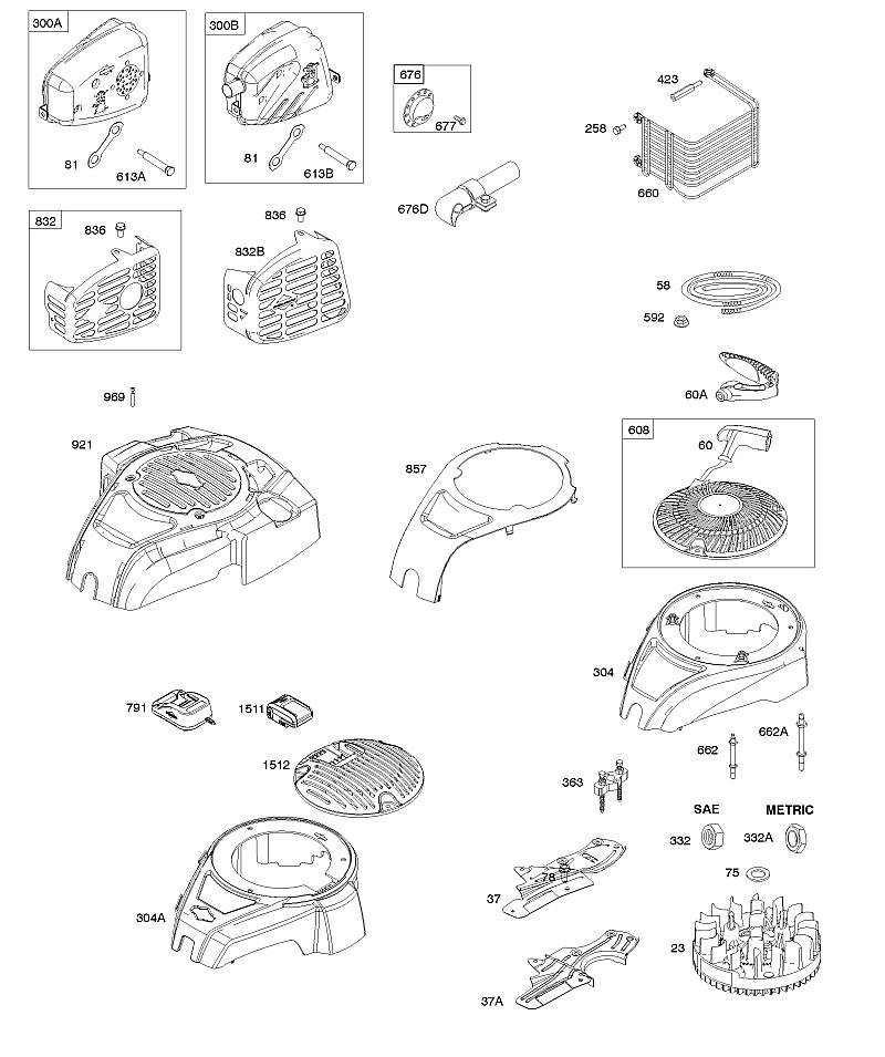C - boîtier de ventilateur, système d'échappement, volant moteur, démarreur de câble Bowden