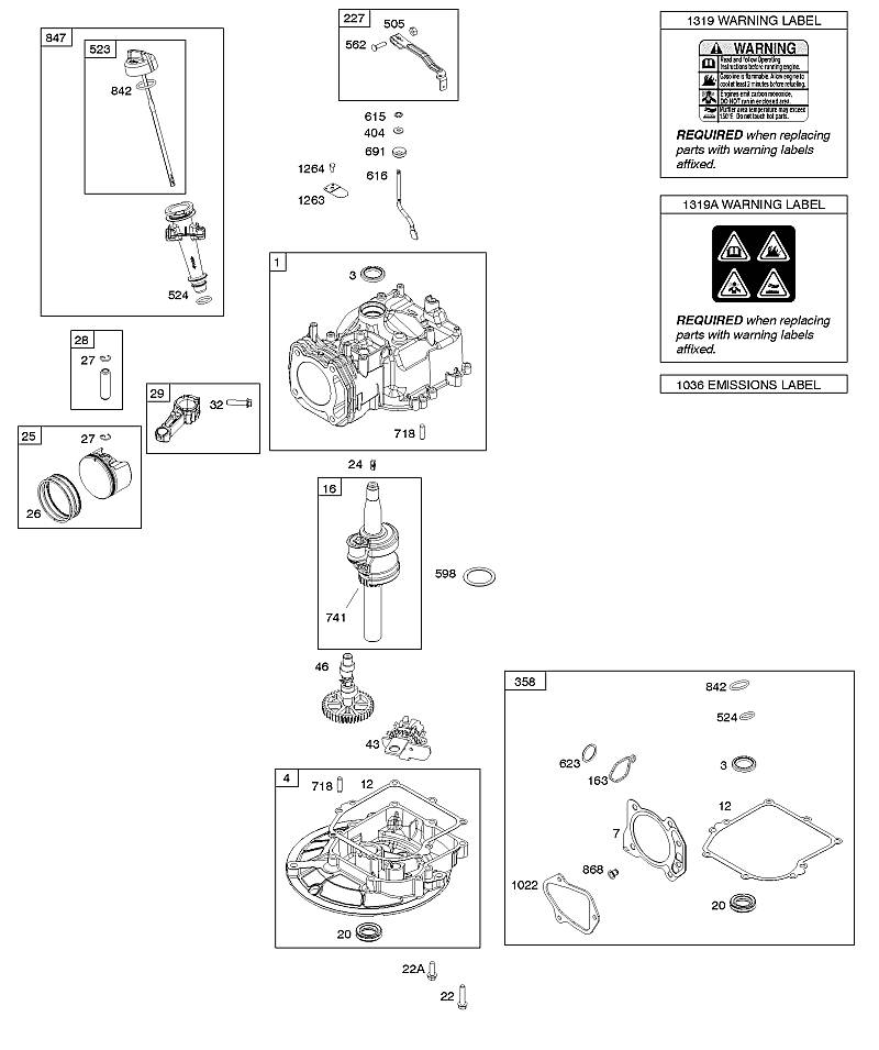 E - Arbre à cames, vilebrequin, cylindres, jeu de joints, pistons/segments de piston/bielle, carter d'huile, plaque d'avertissement