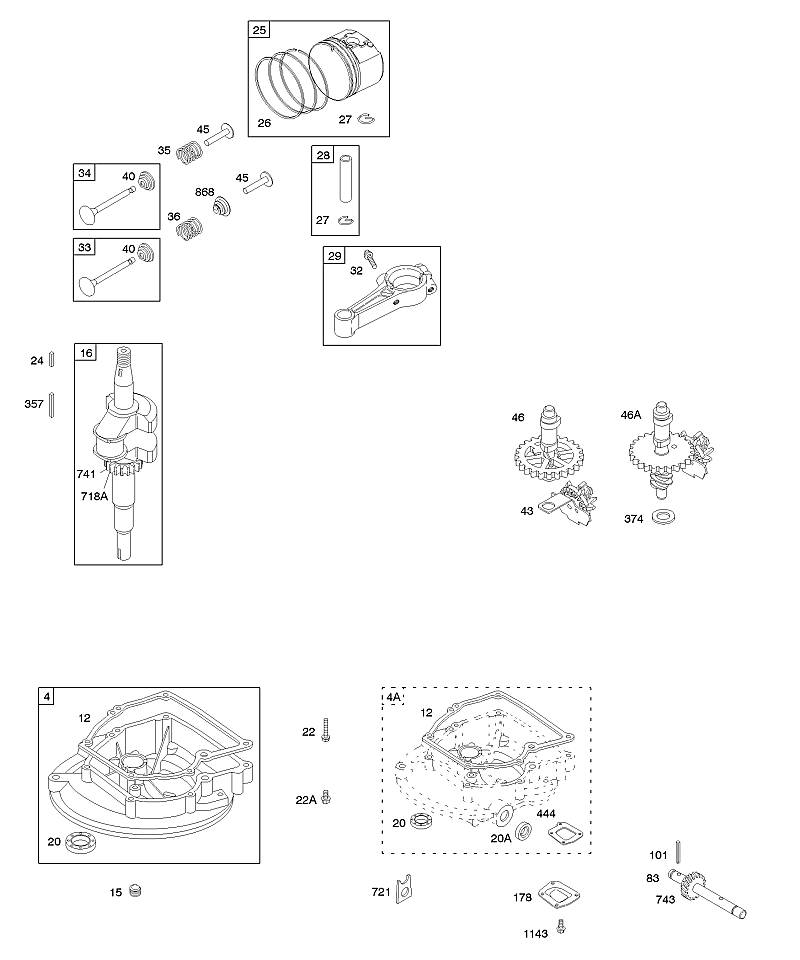 D - Arbre à cames, couvercle de carter de vilebrequin/carter d'huile, vilebrequin, piston/segments/bielle