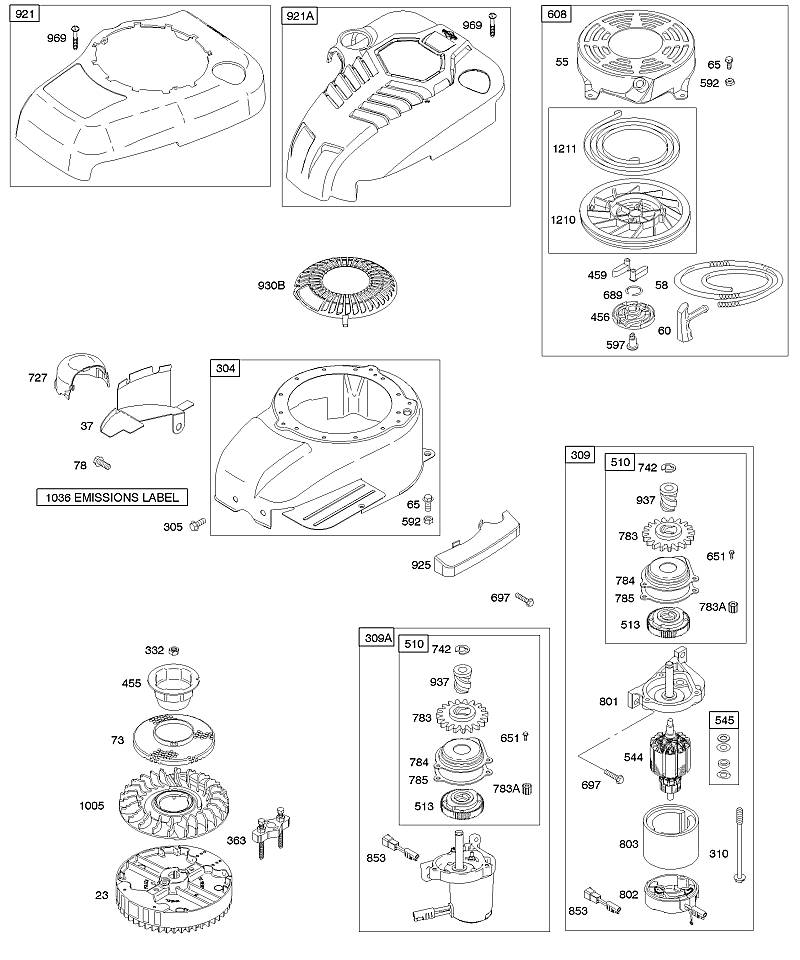 B - Capots/carter de soufflante, démarreur électrique, volant moteur, démarreur à rappel