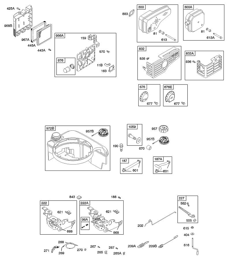 A - Filtre à air, commandes, système d'échappement, alimentation en carburant, ressort du régulateur