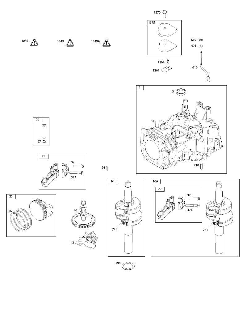 C - Arbre à cames, vilebrequin, cylindre, manuel de l'opérateur, piston/segments/bielle, étiquette d'avertissement
