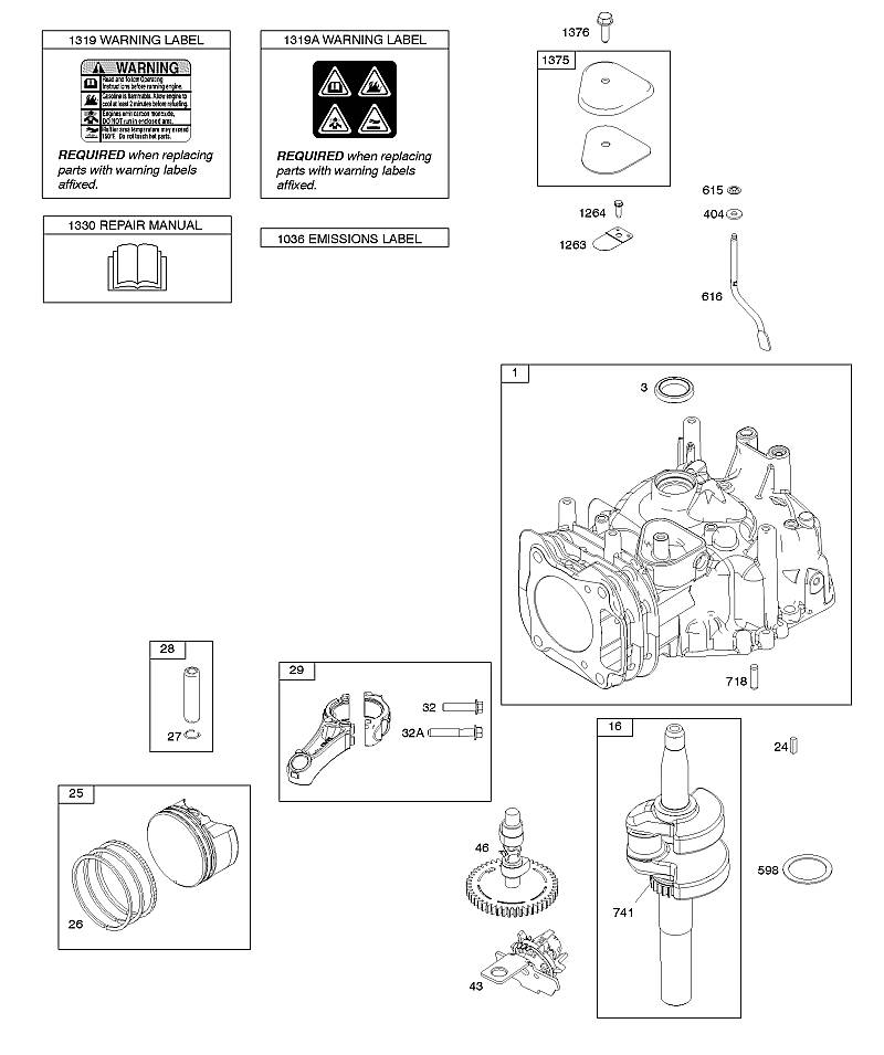 C - Arbre à cames, vilebrequin, cylindre, manuel de l'opérateur, piston/segments/bielle, étiquette d'avertissement