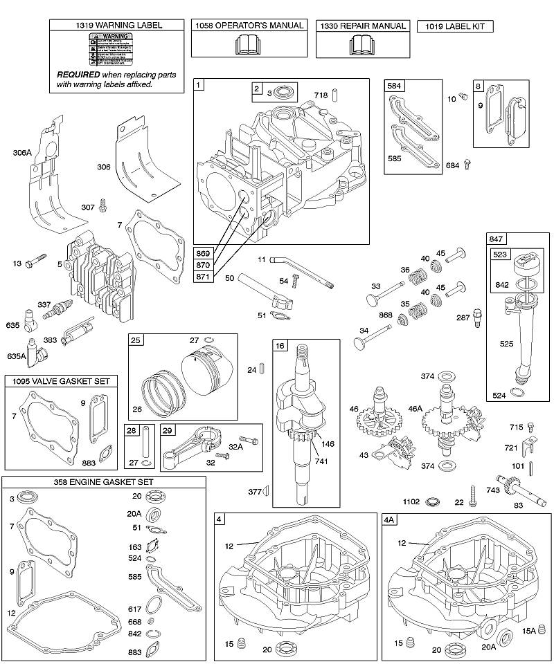 D - Cames, vilebrequin, cylindre, carter d'huile moteur, kit/joints, graissage, groupe de pistons, soupapes