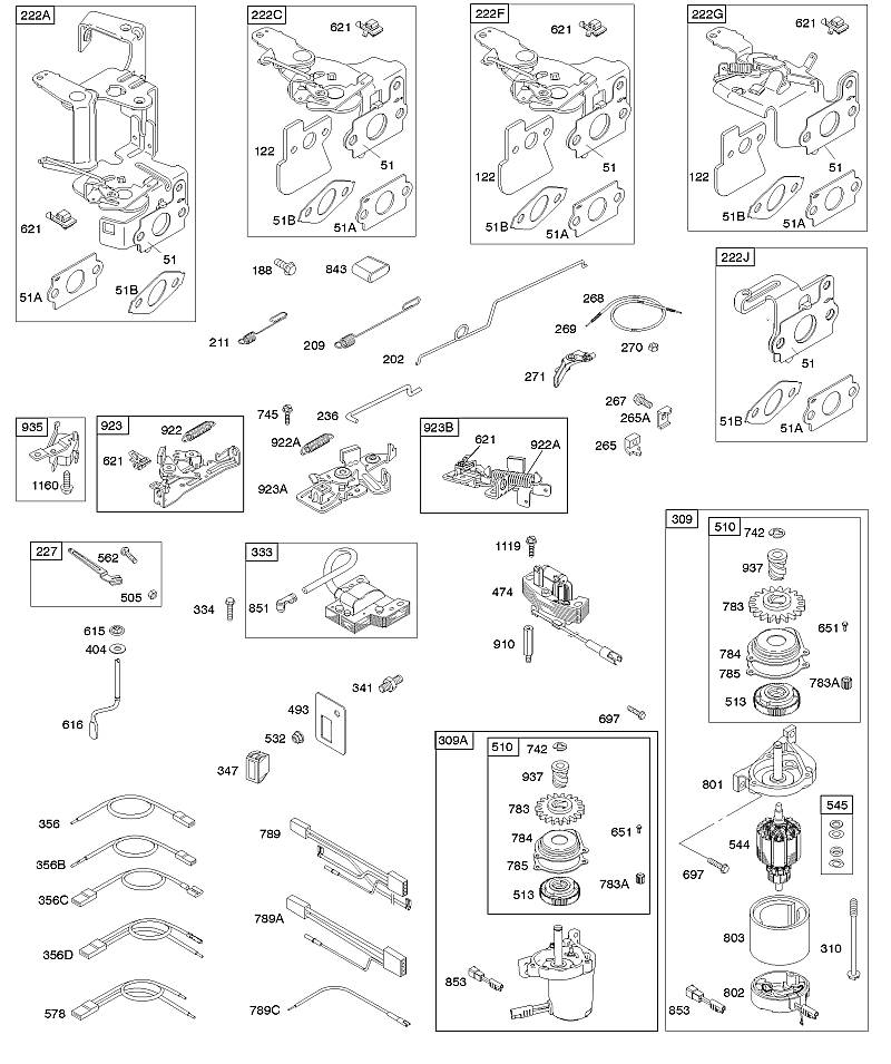 E - Commandes, démarreur électrique, frein du volant-moteur, ressort du régulateur, allumage