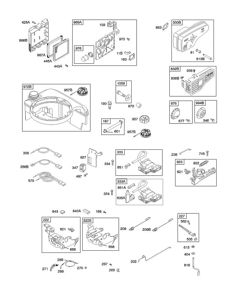 A - Filtre à air, frein, commandes, électrique, système d'échappement, frein du volant moteur, alimentation en carburant, ressort du régulateur, allumage