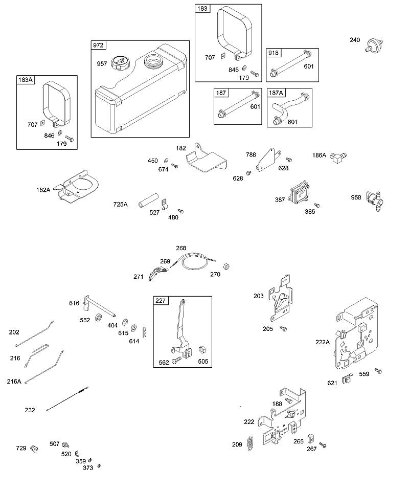 E - Commandes, ressorts, réservoir à carburant, flexibles, pompe