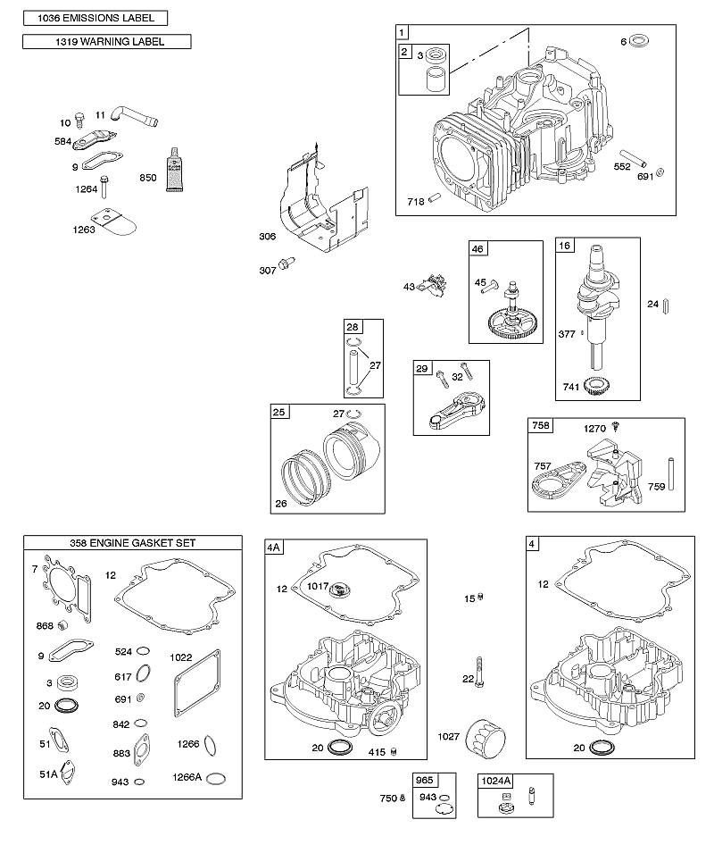 C - Arbre à cames, vilebrequin, cylindre, carter d'huile moteur, jeu de joints – moteur, manuel de l'opérateur, piston, segments, bielle, étiquette d'avertissement