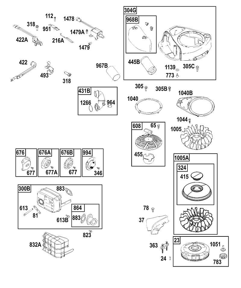 A - Filtre à air, boîtier de ventilateur, système d'échappement, volant moteur, ReadyStart