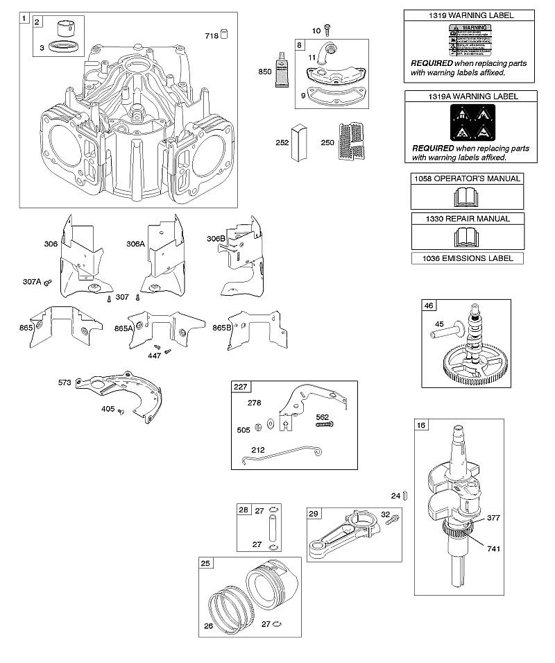 E - Cylindres, vilebrequin, arbre à cames, ventilations, pistons, segments de piston, bielle