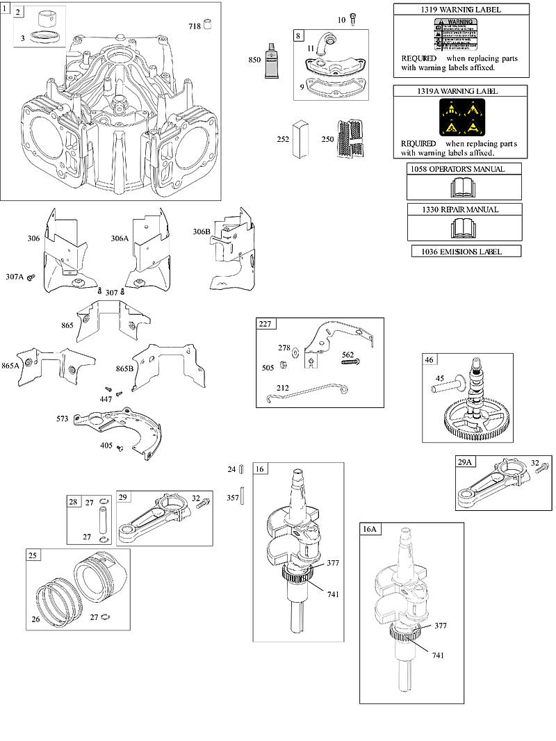 E - Cylindres, vilebrequin, arbre à cames, ventilations, pistons, segments de piston, bielle