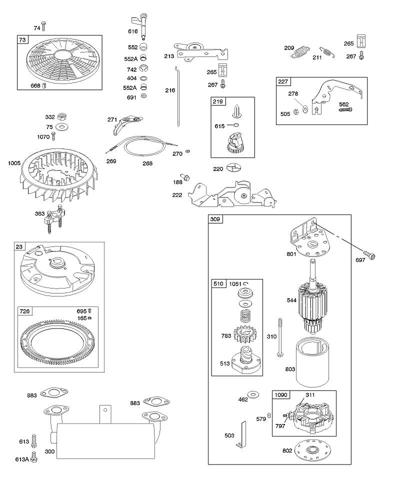 E - Commandes, démarreur électrique, système d'échappement, volant moteur, ressort du régulateur