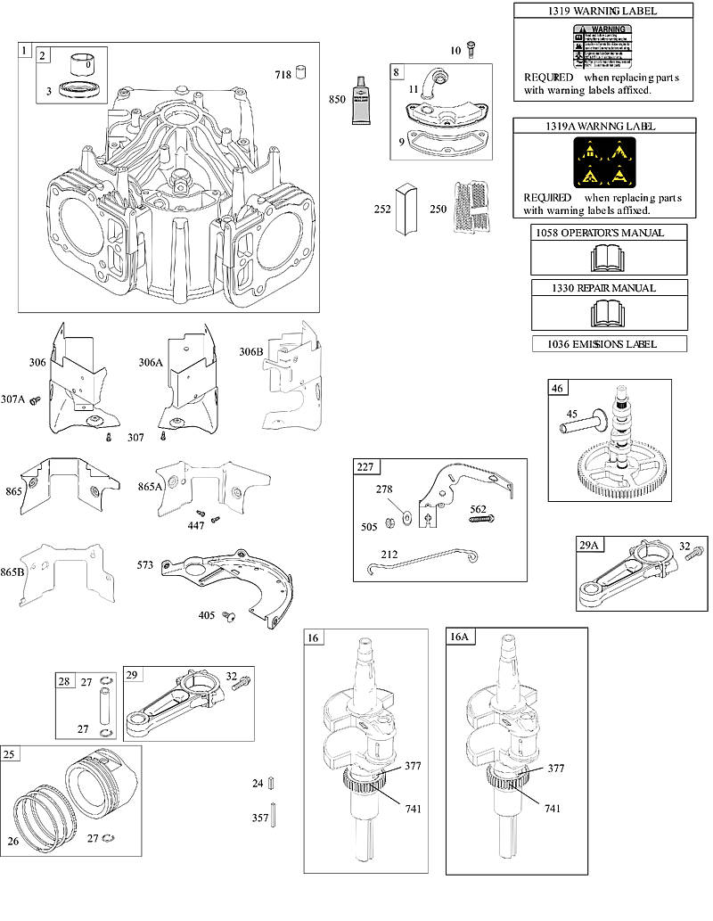 F - Cylindres, vilebrequin, arbre à cames, ventilations, pistons, segments de piston, bielle