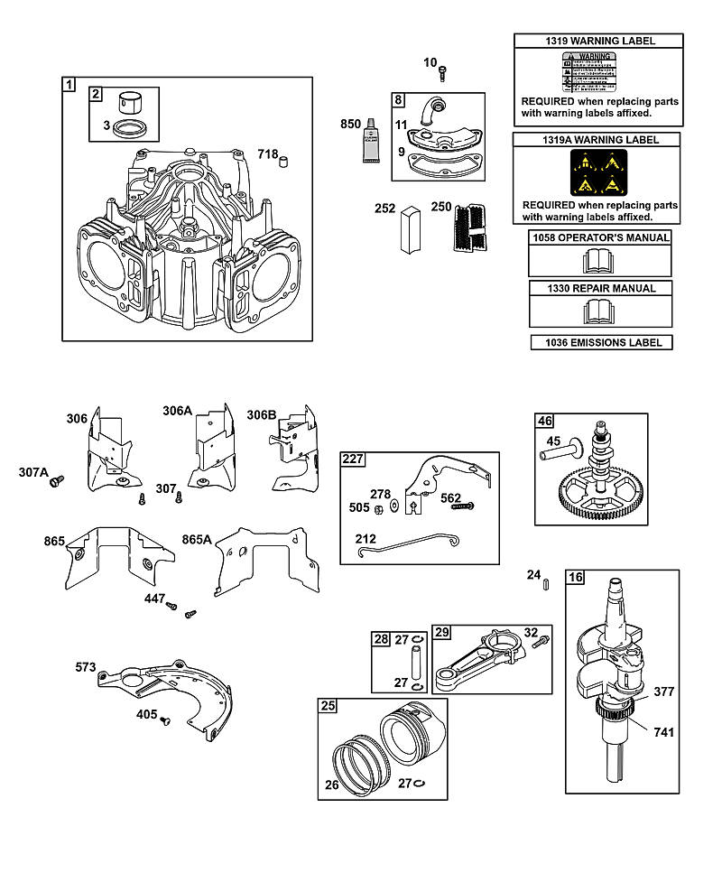 E - Cylindres, vilebrequin, arbre à cames, ventilations, pistons, segments de piston, bielle