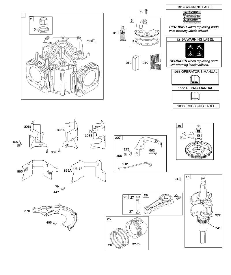 E - Cylindres, vilebrequin, arbre à cames, ventilations, pistons, segments de piston, bielle