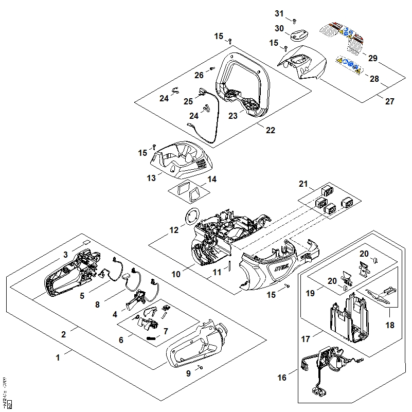 Carter de poignée, Carter moteur, Module électronique