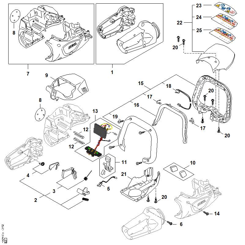 A - Carter de poignée, Carter moteur, Module électronique