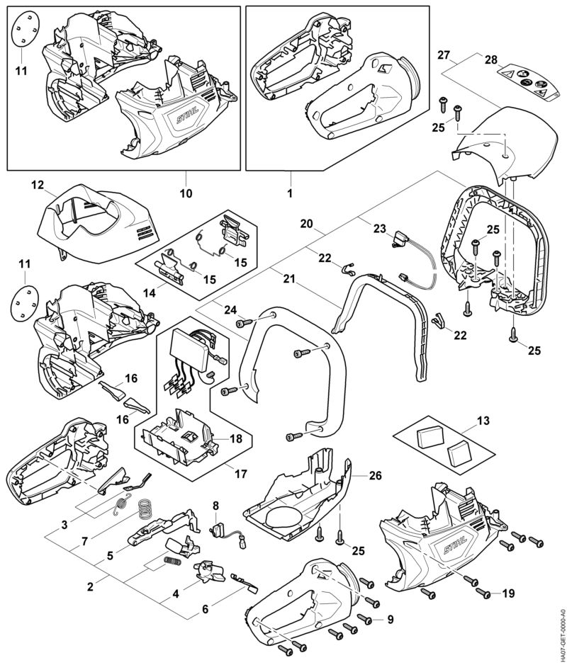 Carter de poignée, Carter moteur, Module électronique