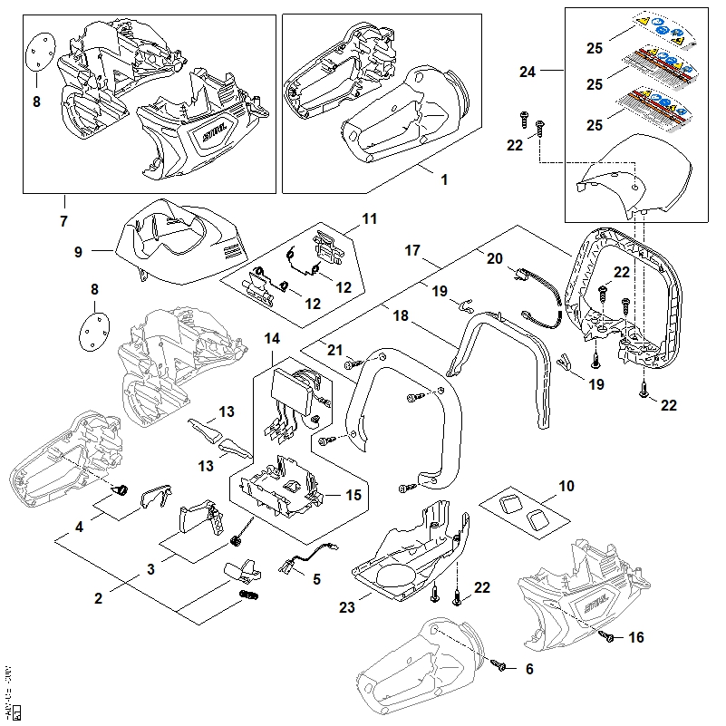 A - Carter de poignée, Carter moteur, Module électronique