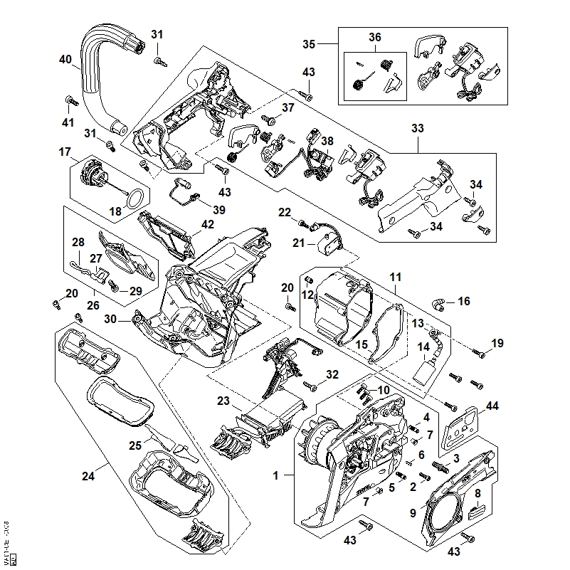 A - Moteur électrique, Module électronique, Carter de poignée
