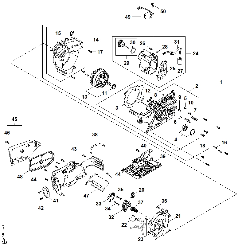 A - Carter moteur, Moteur électrique, Réservoir d'huile