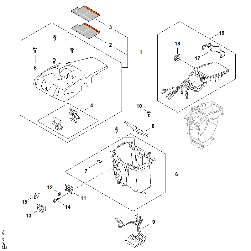 B - Logement pour batterie, Module électronique