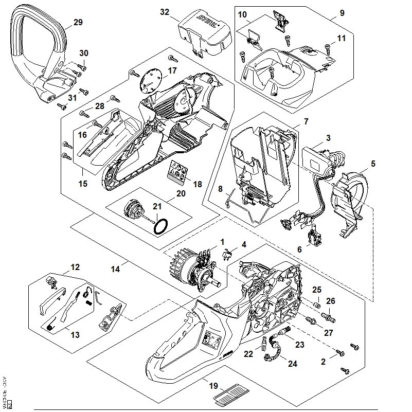 B - Moteur électrique, Module électronique, Carter de poignée