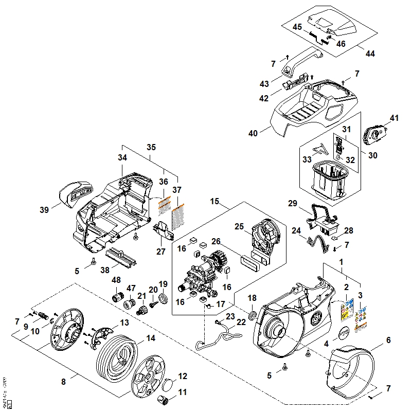 A - Recouvrement, Enrouleur de flexible, Interrupteur, Déflecteur d'air,Compartiment batterie