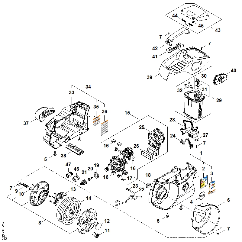 A - Recouvrement, Enrouleur de flexible, Interrupteur, Déflecteur d'air,Compartiment batterie