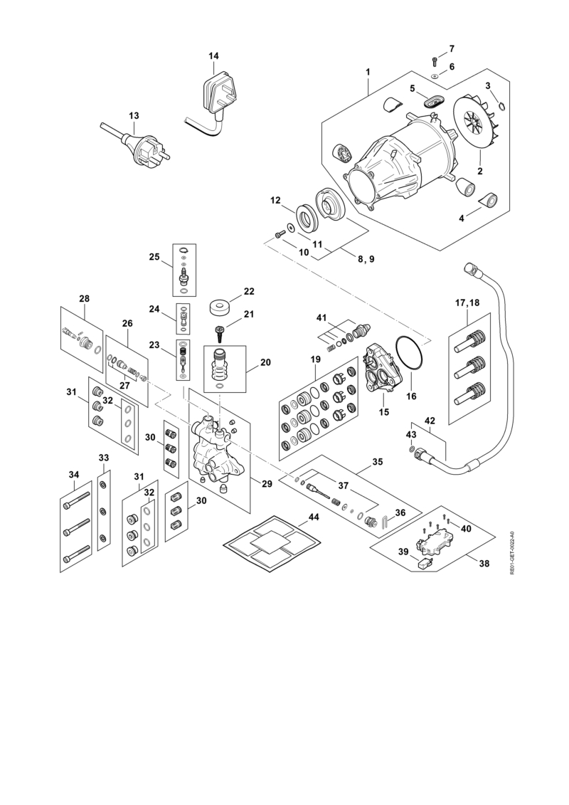 Moteur électrique, Câble électrique, Bloc de soupapes, Pompe RE 150 PLUS
