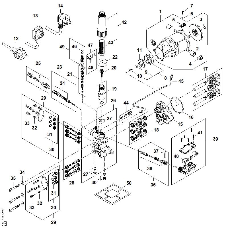 A - Moteur électrique, Câble électrique, Bloc de soupapes, Pompe