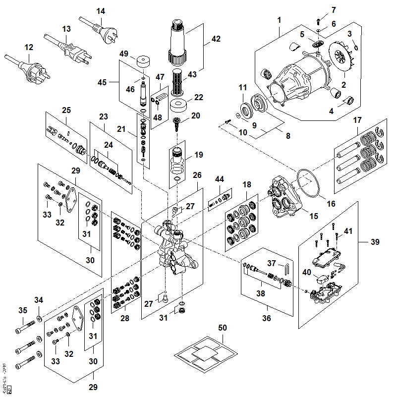 A - Moteur électrique, Câble électrique, Bloc de soupapes, Pompe