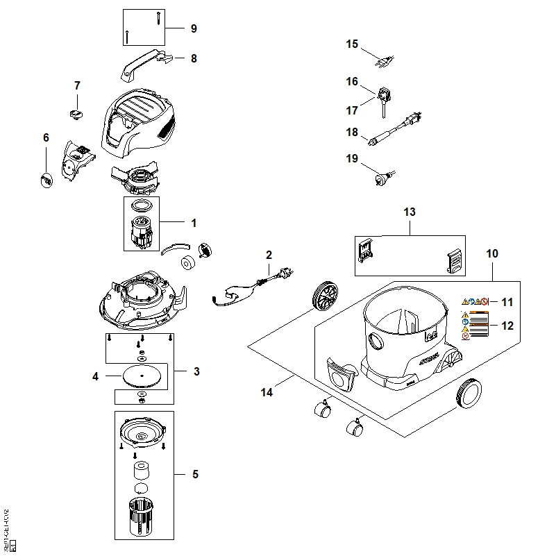 Capot, Câble d'alimentation, Moteur électrique, Filtre, Réservoir